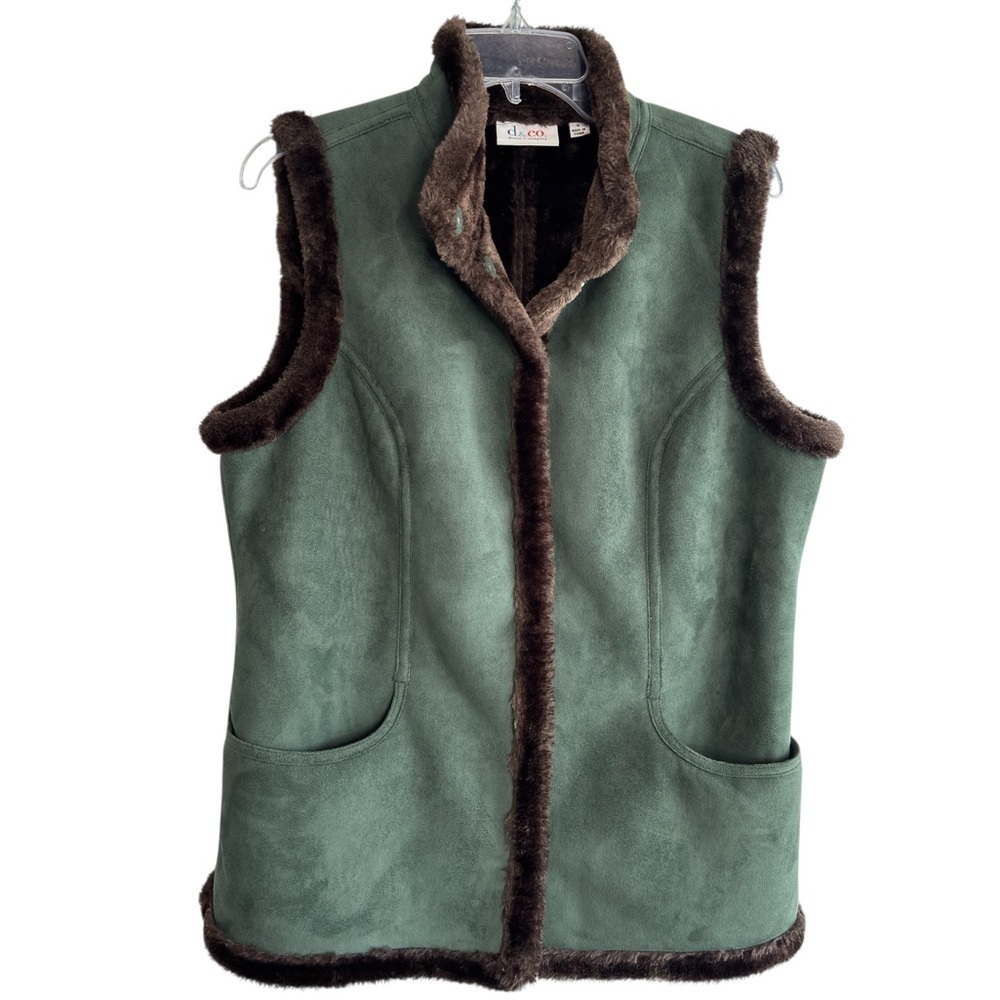 Denim & Co. Vest Size Small Dark Green Faux Suede Faux Fur Lined Snap Up